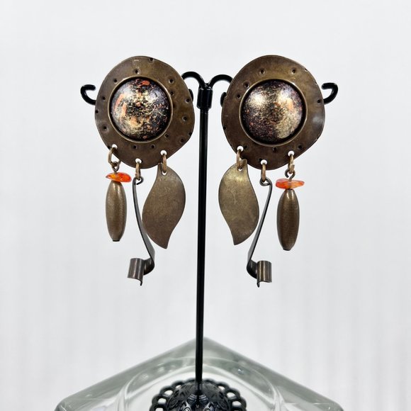 NWOT - Artisan BOHO Brass Tone Textured Metal Dangle Post Earrings - Picture 2 of 6